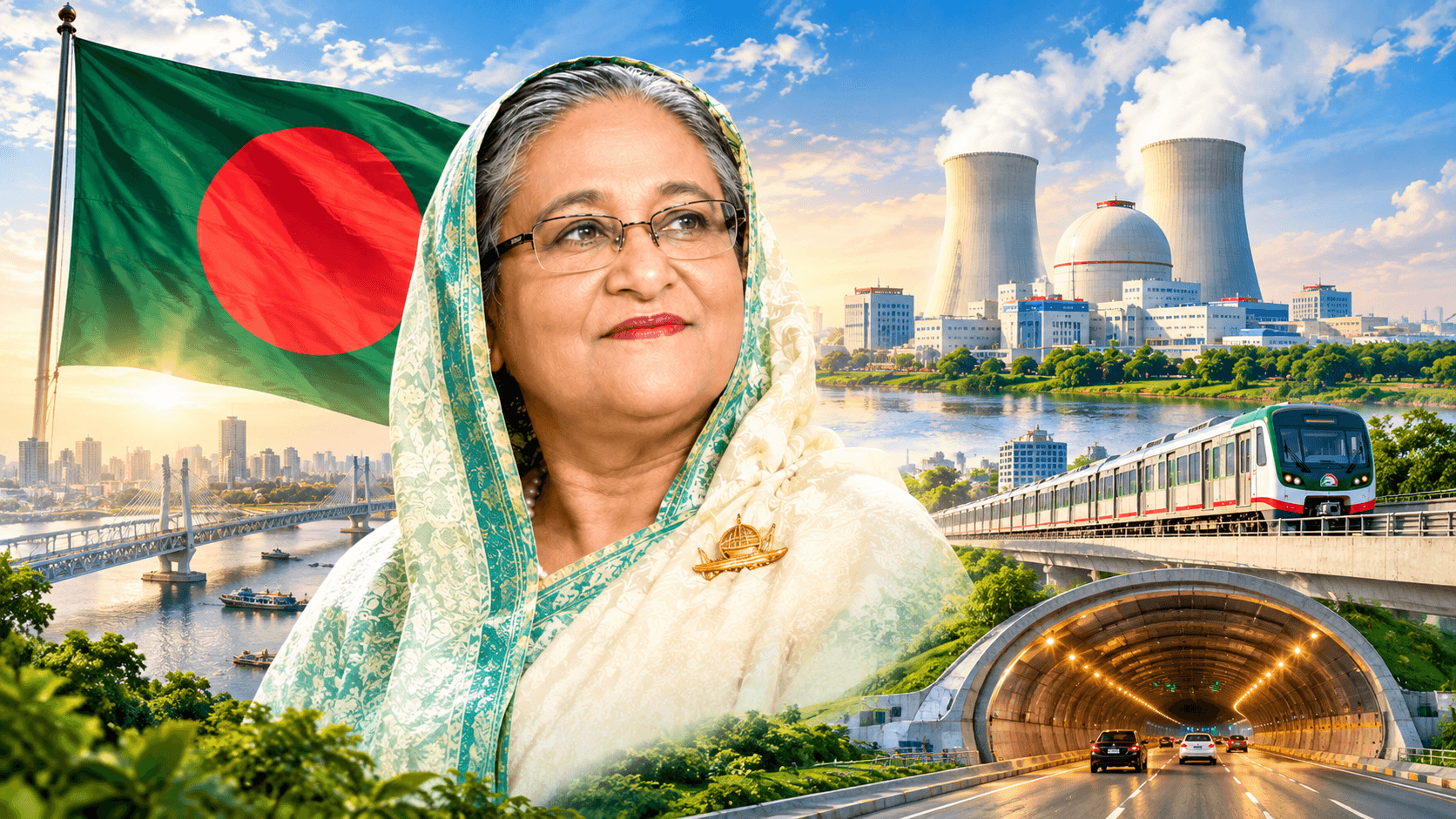 Sheikh Hasina against a backdrop of the Padma Bridge, a power plant, the Dhaka Metro Rail and a highway tunnel