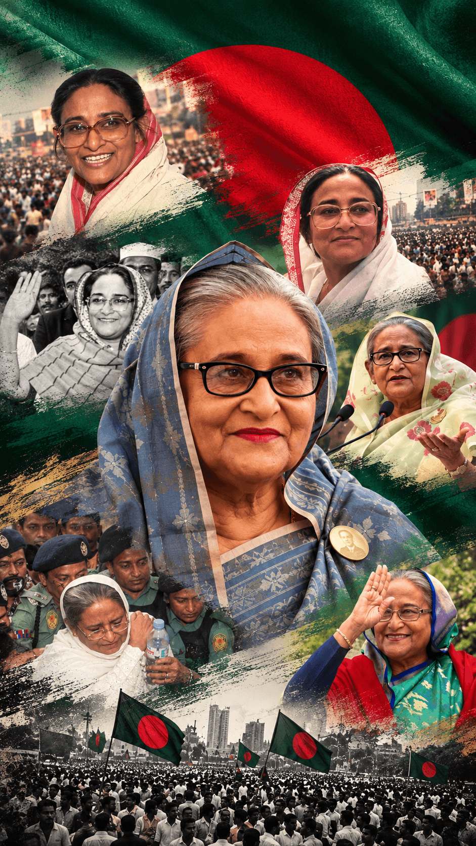 A collage of Sheikh Hasina through the decades, over the national flag