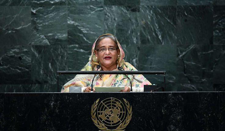 Sheikh Hasina speaking at the United Nations podium